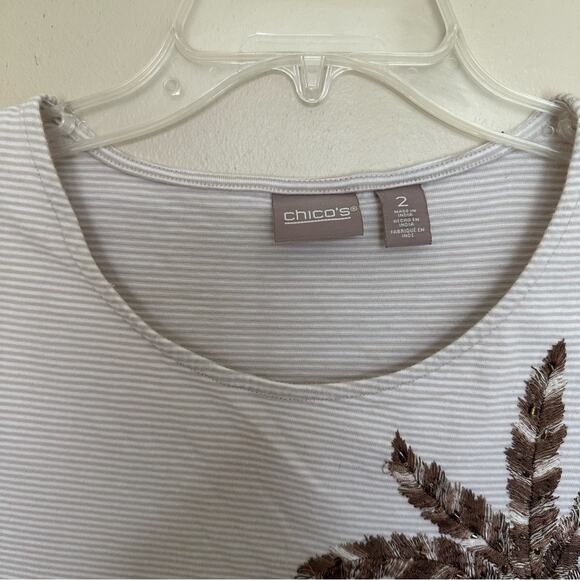 Chico’s Shirt Top Tropical Coastal Embroidery Beads Striped Tan Chico's 2 US Lg - Picture 3 of 11